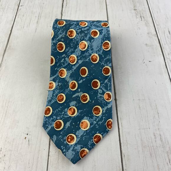 HUGO BOSS Blue Yellow Retro Full Moon Printed Silk Tie 3.5" Wide Made in Italy - Picture 2 of 7